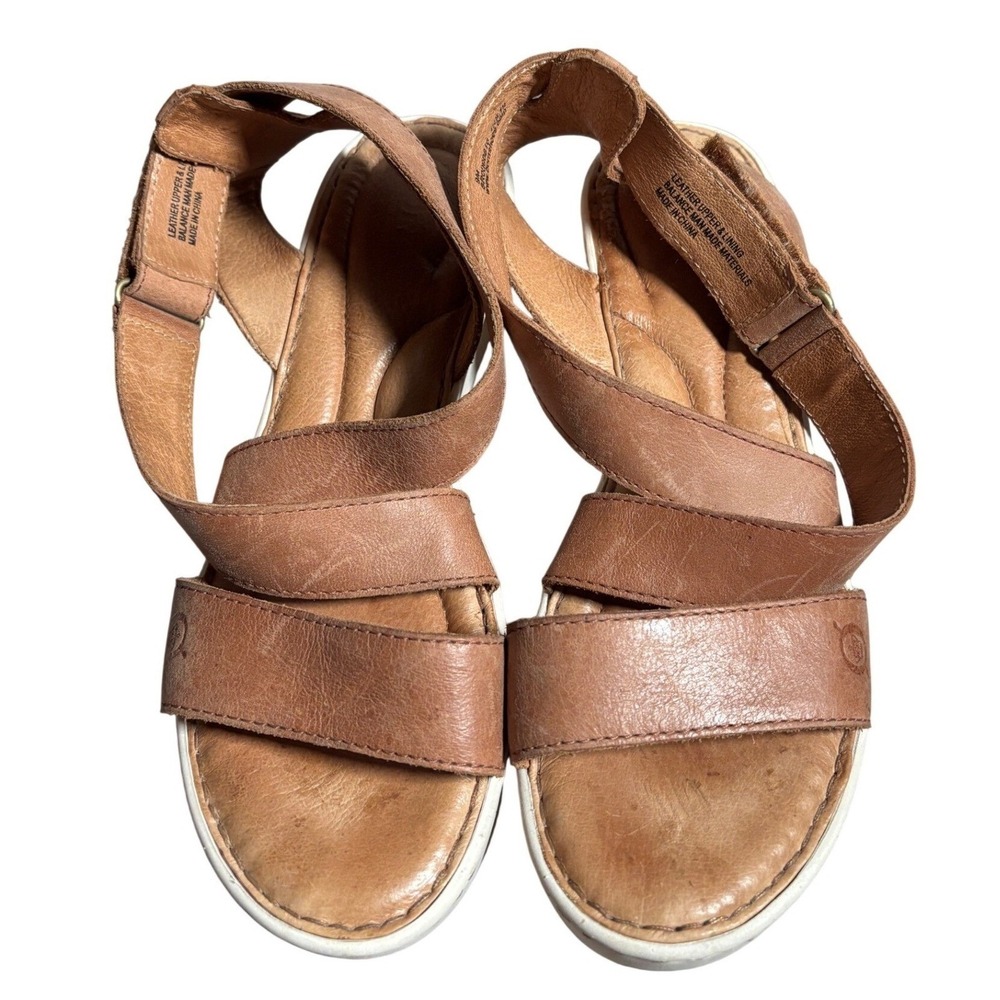 Born Womens 9 M Tan Brown Leather Cross Strap Wedge Sandals Boho Beach Festival